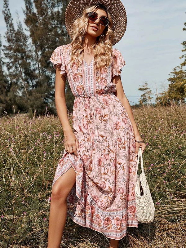 Floral Casual V Neck High Waist Ruffle Print Dress - Image 5