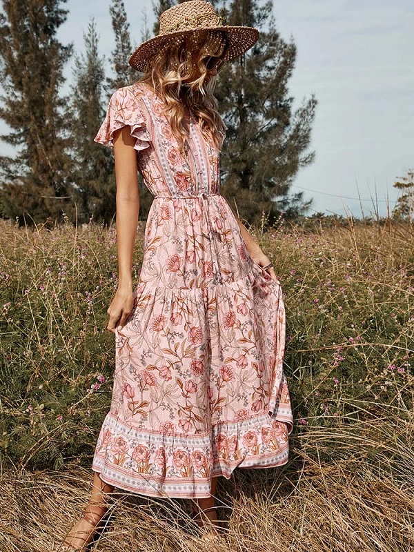 Floral Casual V Neck High Waist Ruffle Print Dress - Image 6