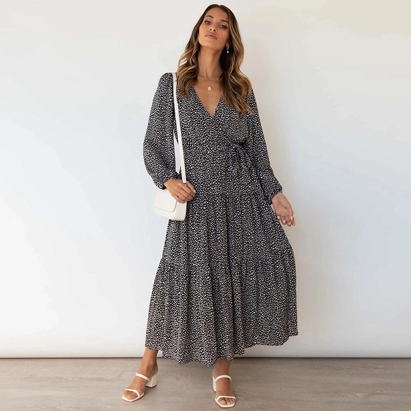 Floral Print Casual Long Sleeve V-neck Maxi Dress - Image 3