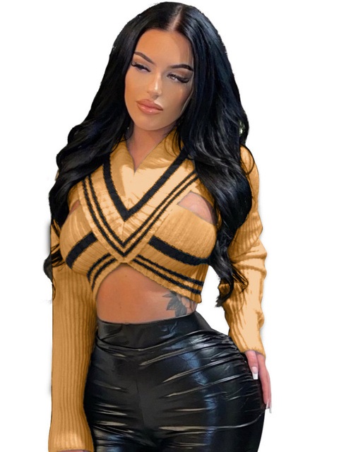 Sexy Knit T-Shirt V-Neck Hollow Long Sleeve Wild Tops - Image 6