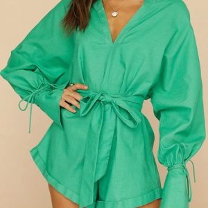 Casual Solid Lace Up V-Neck Long Sleeve Jumpsuits