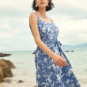 Cloud Print Open Back Belt Zip Side Dress