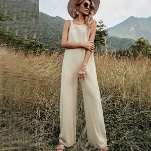 Sexy Casual Solid Cotton Linen Jumpsuits