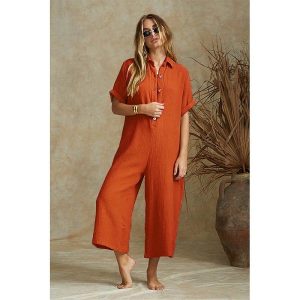Solid Casual Loose Long Pants Cotton Jumpsuits