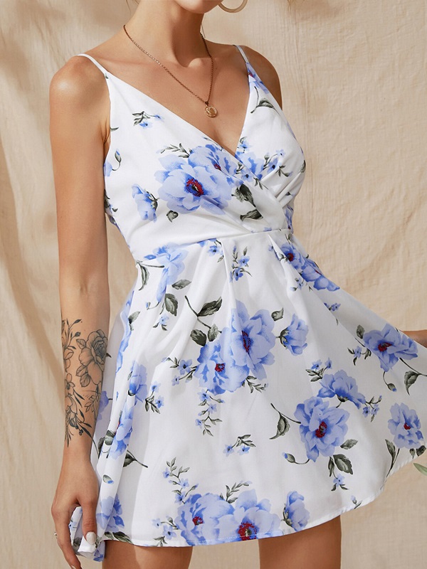 Spaghetti Strap Random Floral Print V-neck Sleeveless Dress - Image 6