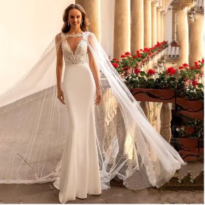 Charming Mermaid with Detachable Glitter Tulle Cape Applique Sweep Train Backless Bridal Gowns