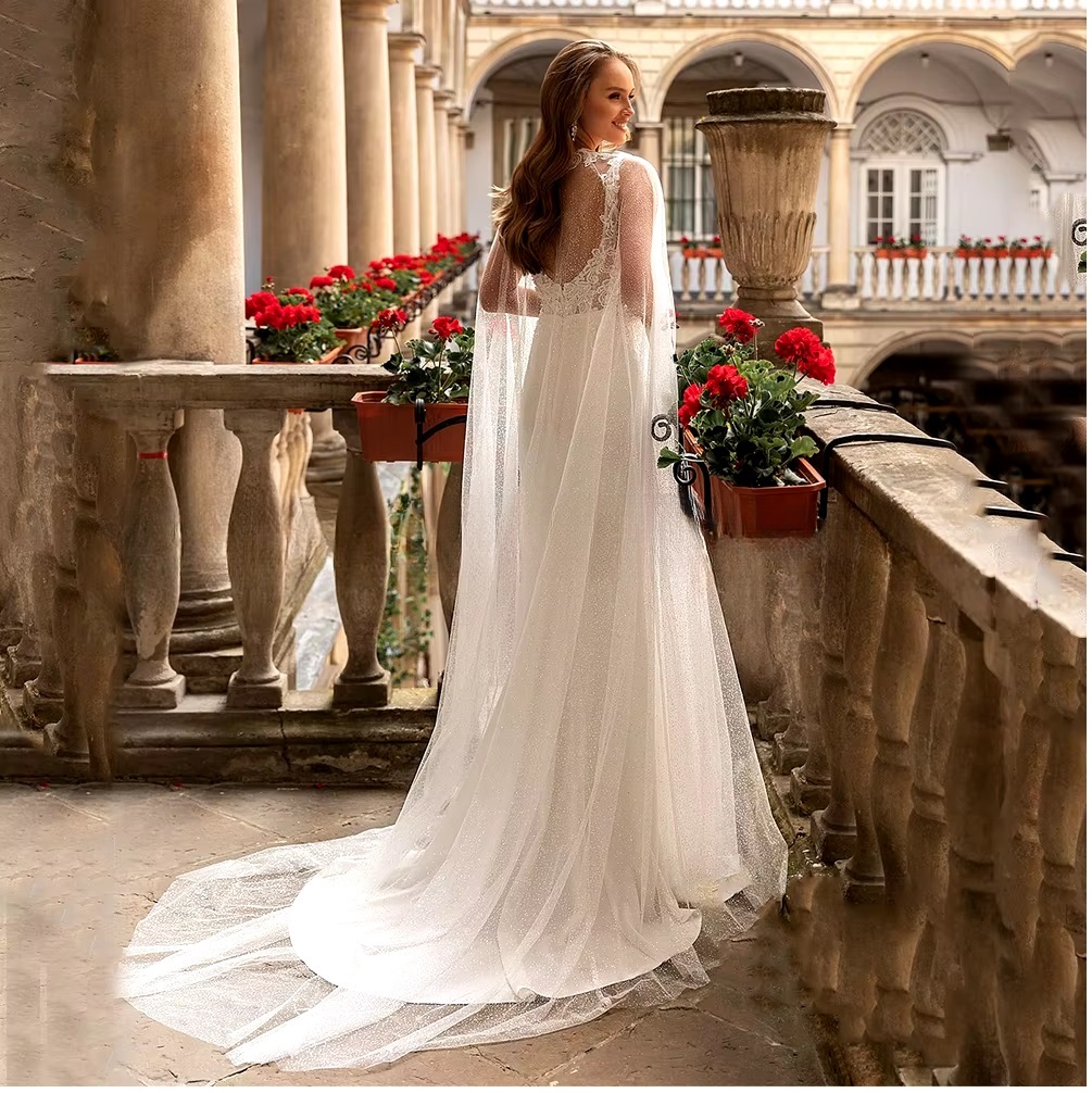 Charming Mermaid with Detachable Glitter Tulle Cape Applique Sweep Train Backless Bridal Gowns - Image 3