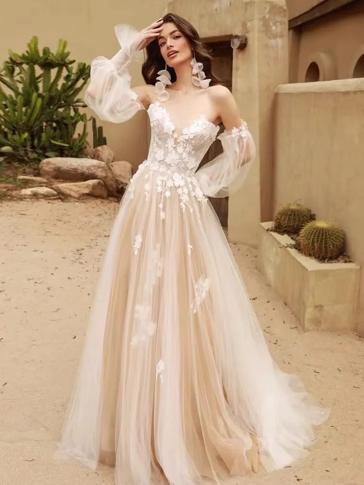 Detachable Long Puff Sleeves V-neck Lace Applique Boho Beach A Line Wedding Dresses