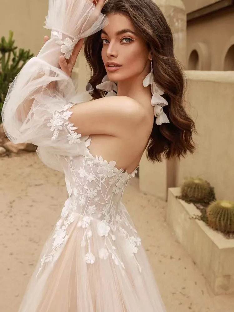 Detachable Long Puff Sleeves V-neck Lace Applique Boho Beach A Line Wedding Dresses - Image 2