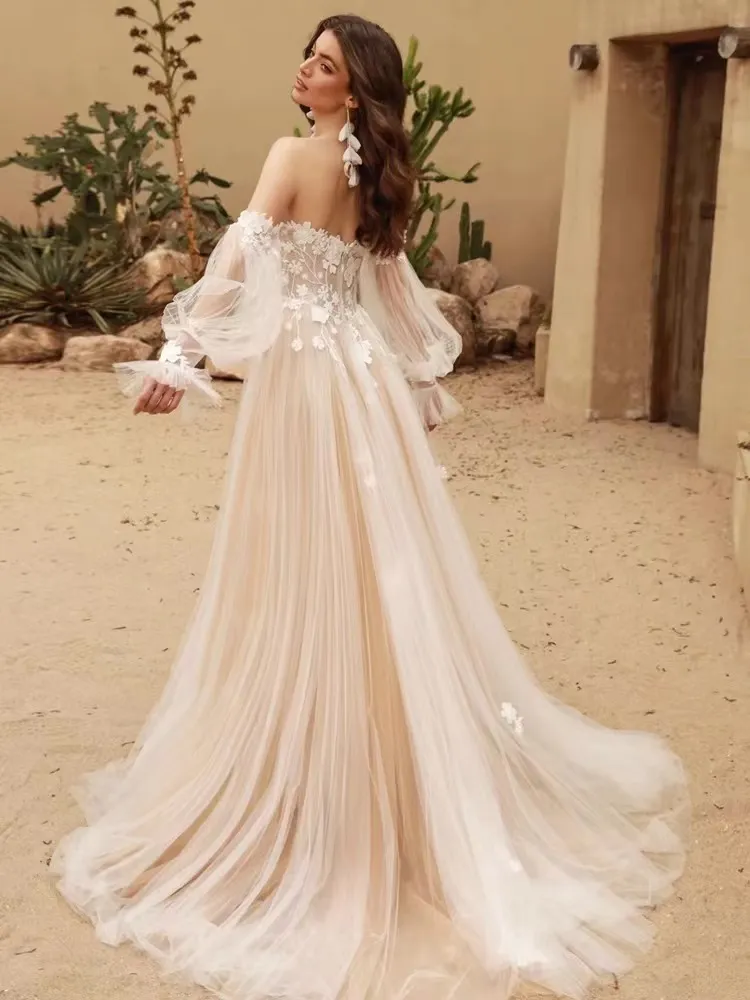 Detachable Long Puff Sleeves V-neck Lace Applique Boho Beach A Line Wedding Dresses - Image 4