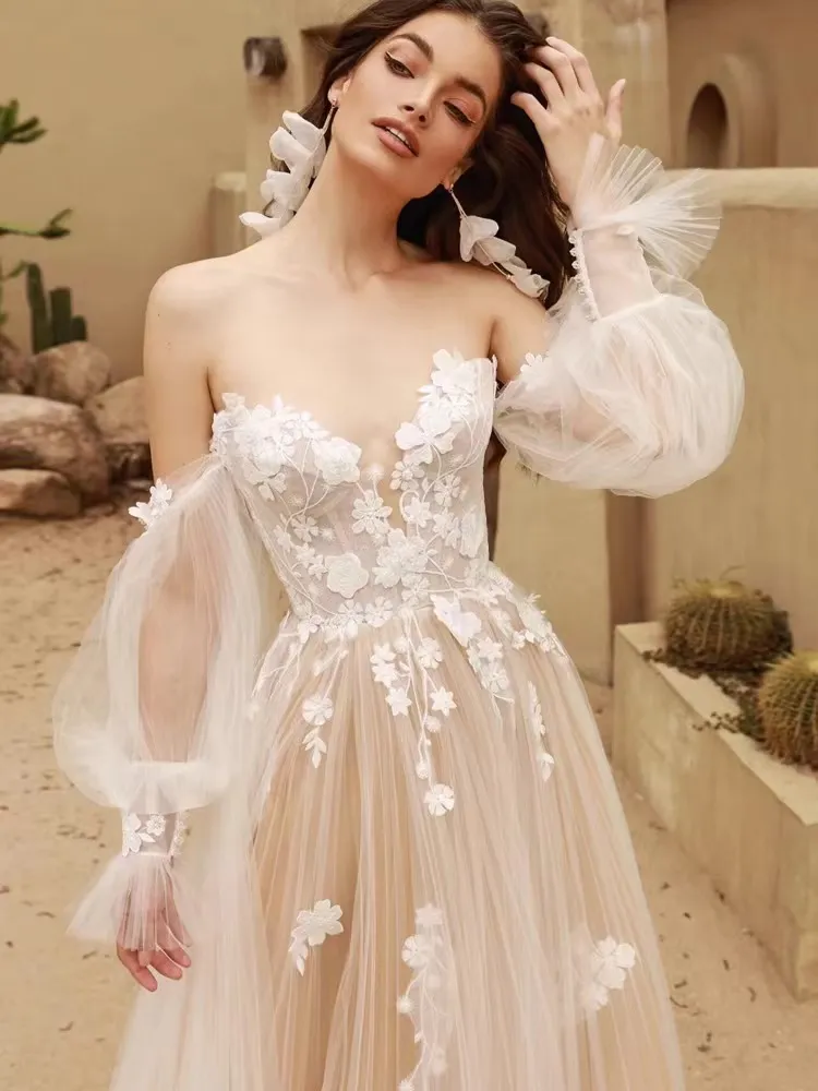 Detachable Long Puff Sleeves V-neck Lace Applique Boho Beach A Line Wedding Dresses - Image 3