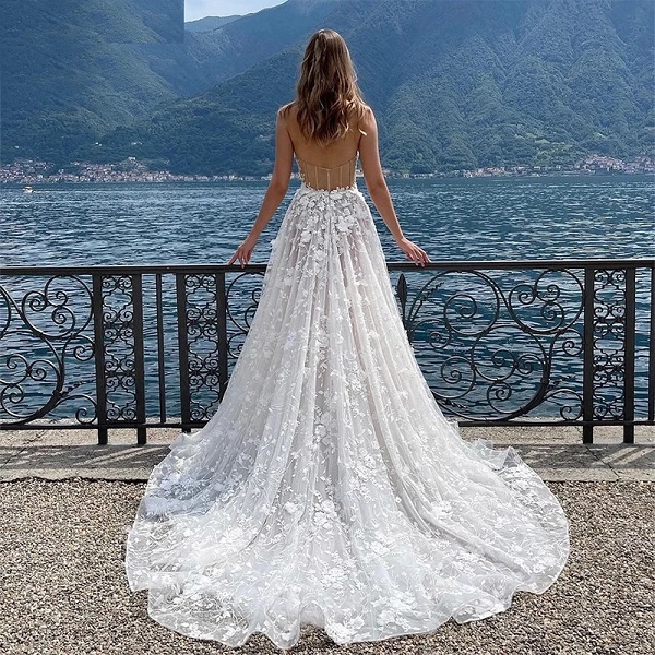 Flowers Appliques High Split Strapless Wedding Dress - Image 3