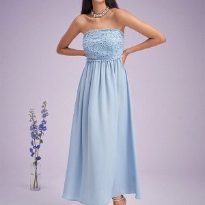 Lace Stitch Shirred Open Back Swing Maxi Tube Dress