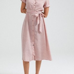 Solid Color Button Belt Short Sleeve Casual Dress