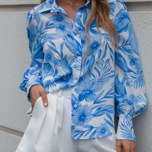 Floral Print Buttons Casual Long Sleeves Polyester Tops