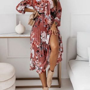 Floral Printed Jewel Neck  Polyester Casual Long Maxi Dress