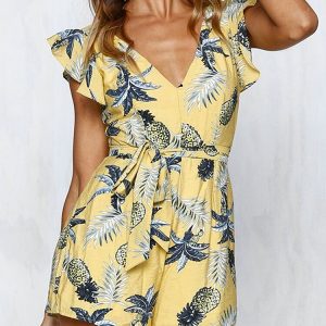 Flower Print Ruffle Sleeve Knotted Backless Casual Romper
