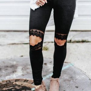 Lace Cut Out Elastic Waist Skinny Leggings