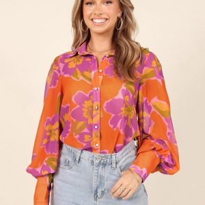 Polyester Classic Printed Buttons Long Sleeves Tops