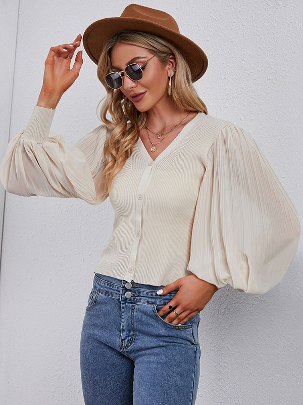 Polyester Buttons Long Puffer Sleeves V-Neck Short Cardigans - Image 7