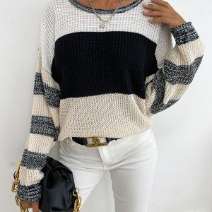 Two Tone Jewel Neck Long Sleeves Stretch Polyester Sweaters