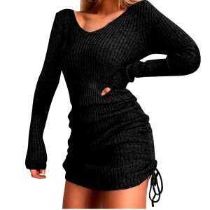 V Neck Solid Color Long Sleeves Bodycon Drawstring Mini Casual Sweater Dresses