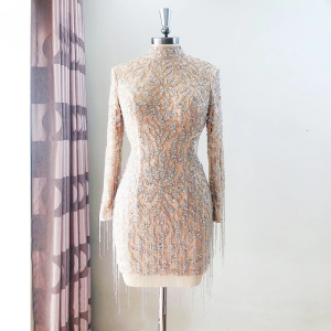 Elegant High Neck Long Sleeves Sequin Beads Cocktail Mini Dress