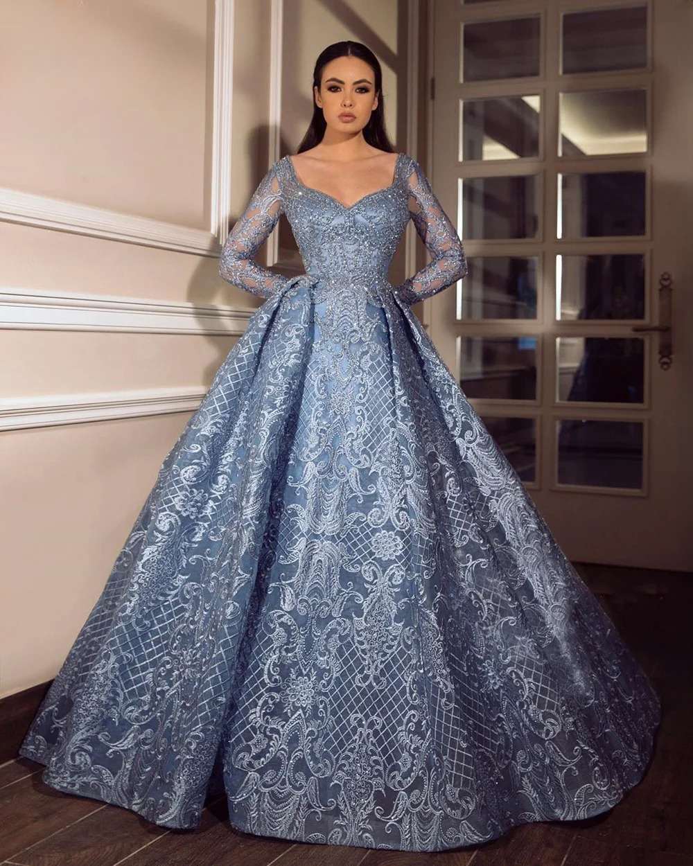 Elegant Aline Round Neck Long Sleeves Lace Evening Party Dress - Image 4