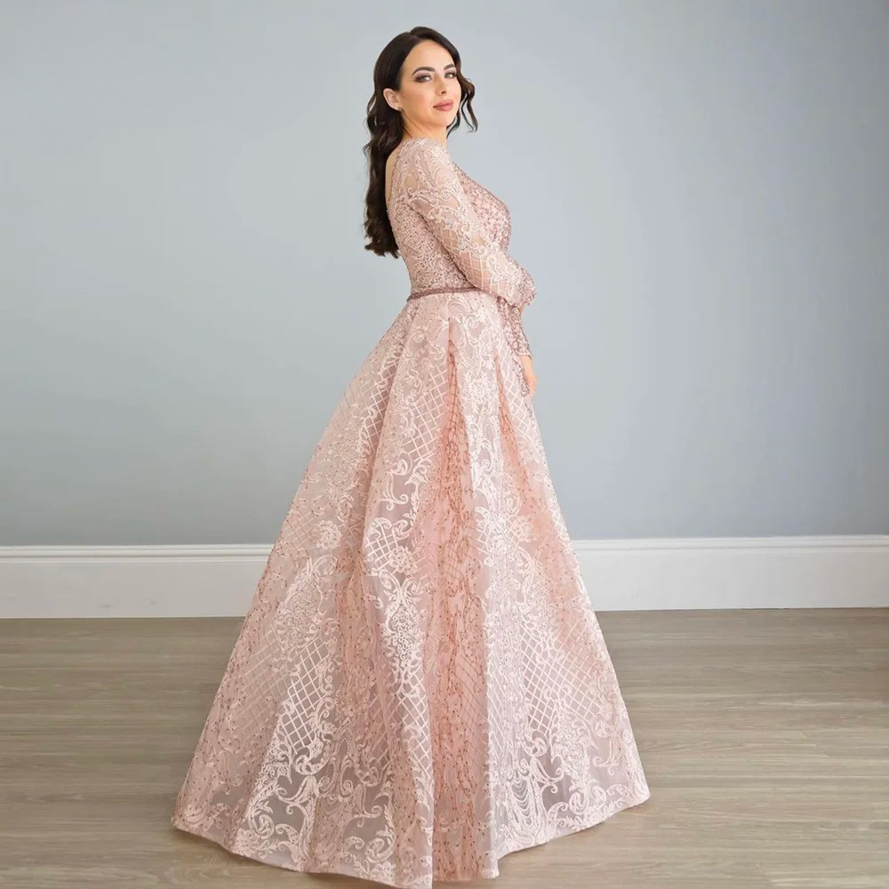 Elegant Aline Round Neck Long Sleeves Lace Evening Party Dress - Image 3