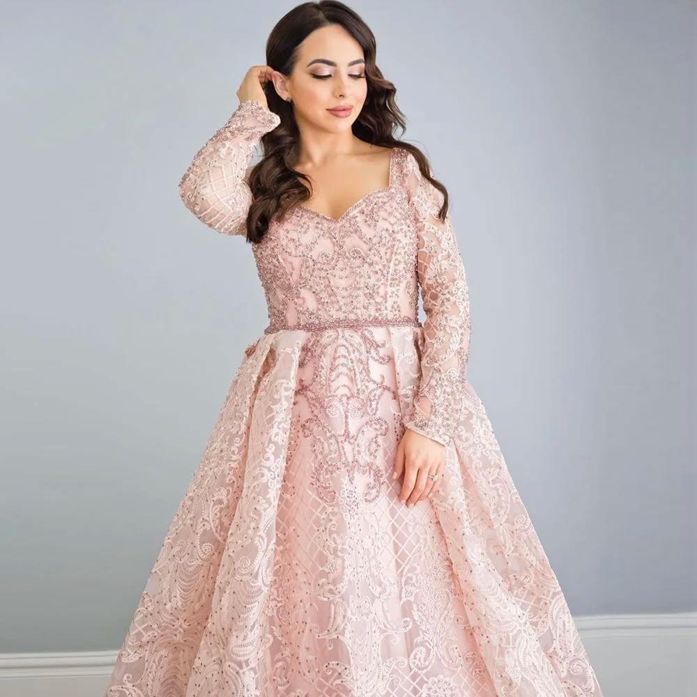 Elegant Aline Round Neck Long Sleeves Lace Evening Party Dress - Image 2
