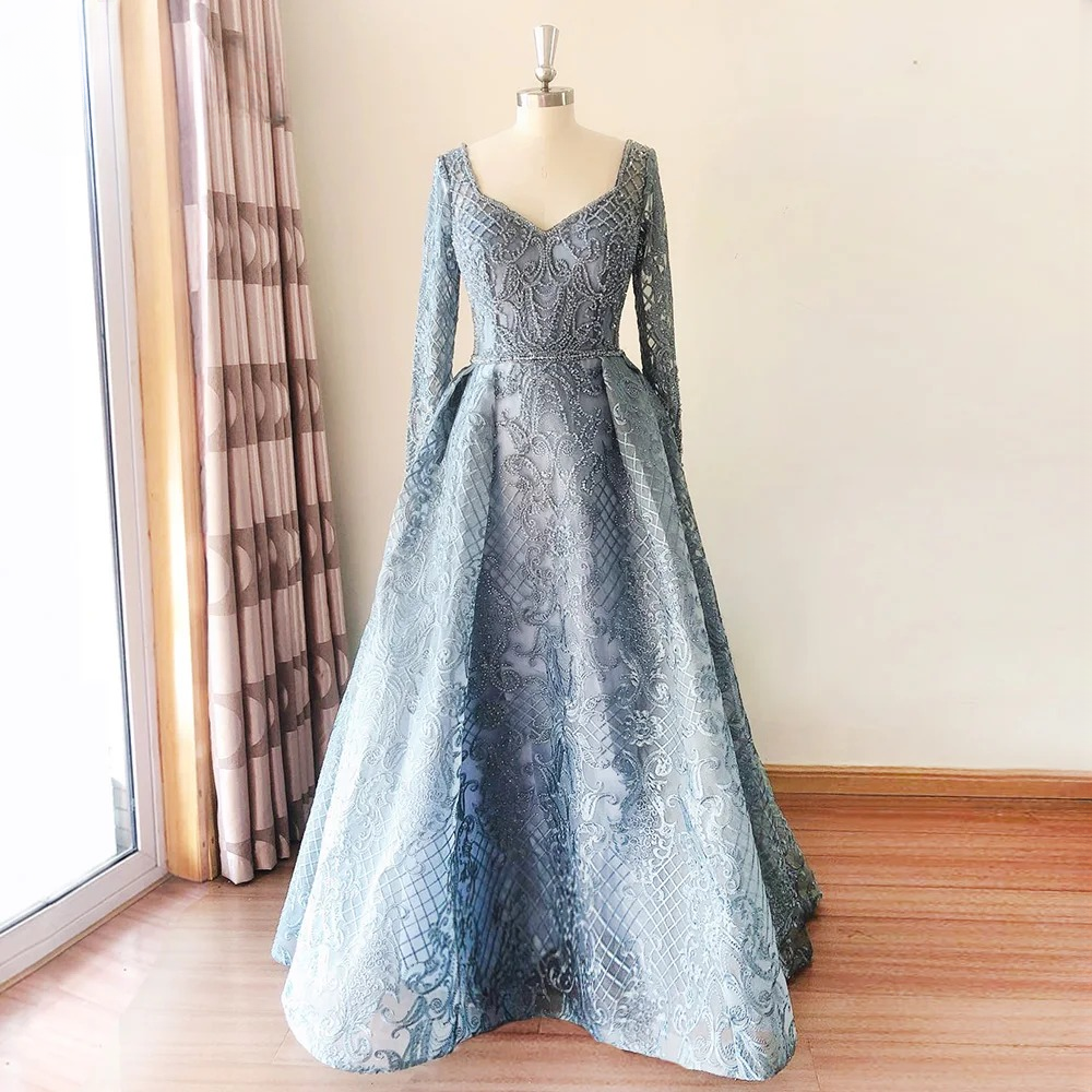 Elegant Aline Round Neck Long Sleeves Lace Evening Party Dress - Image 5