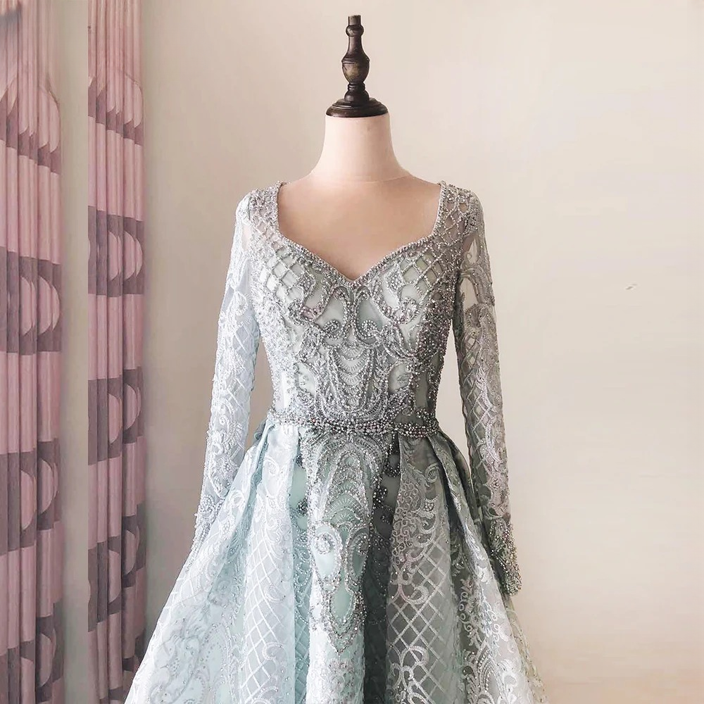 Elegant Aline Round Neck Long Sleeves Lace Evening Party Dress - Image 14