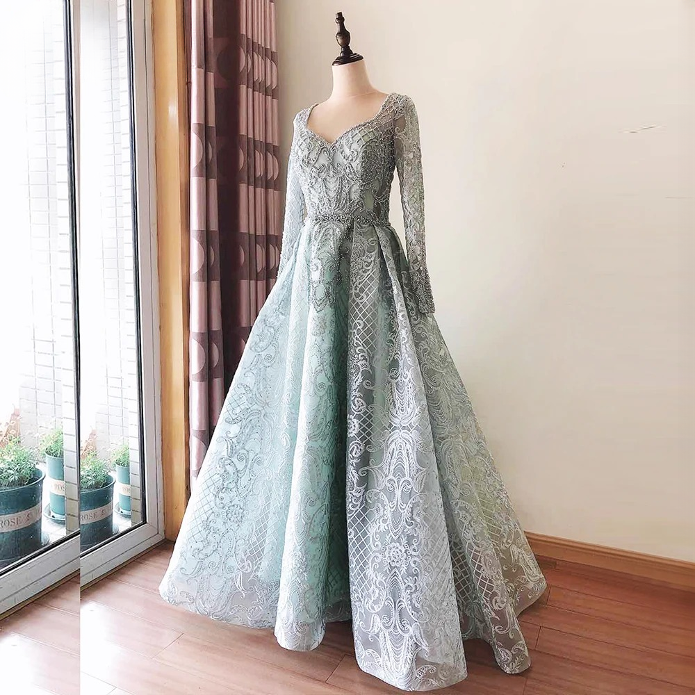 Elegant Aline Round Neck Long Sleeves Lace Evening Party Dress - Image 13