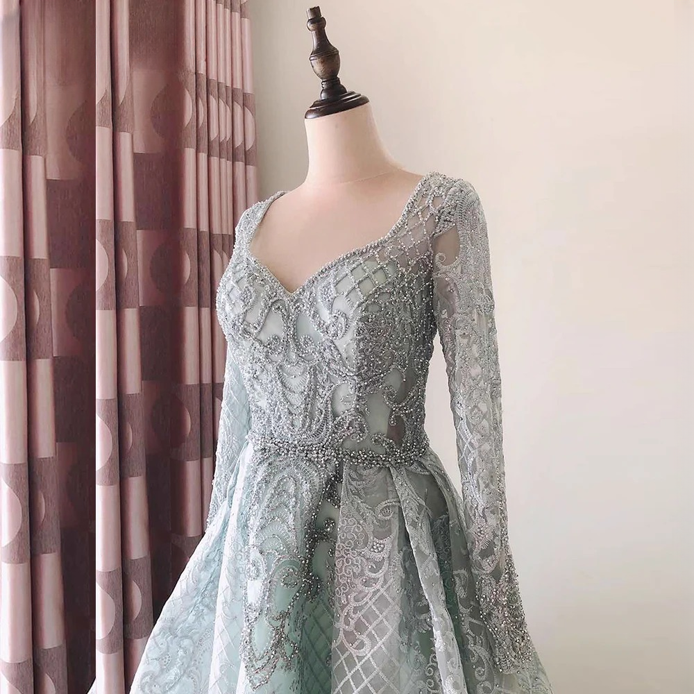 Elegant Aline Round Neck Long Sleeves Lace Evening Party Dress - Image 15