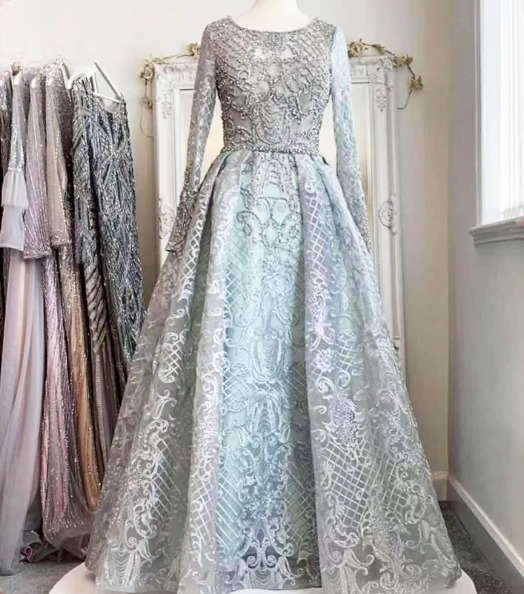 Elegant Aline Round Neck Long Sleeves Lace Evening Party Dress - Image 10