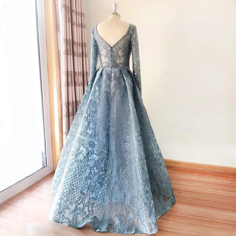 Elegant Aline Round Neck Long Sleeves Lace Evening Party Dress - Image 6