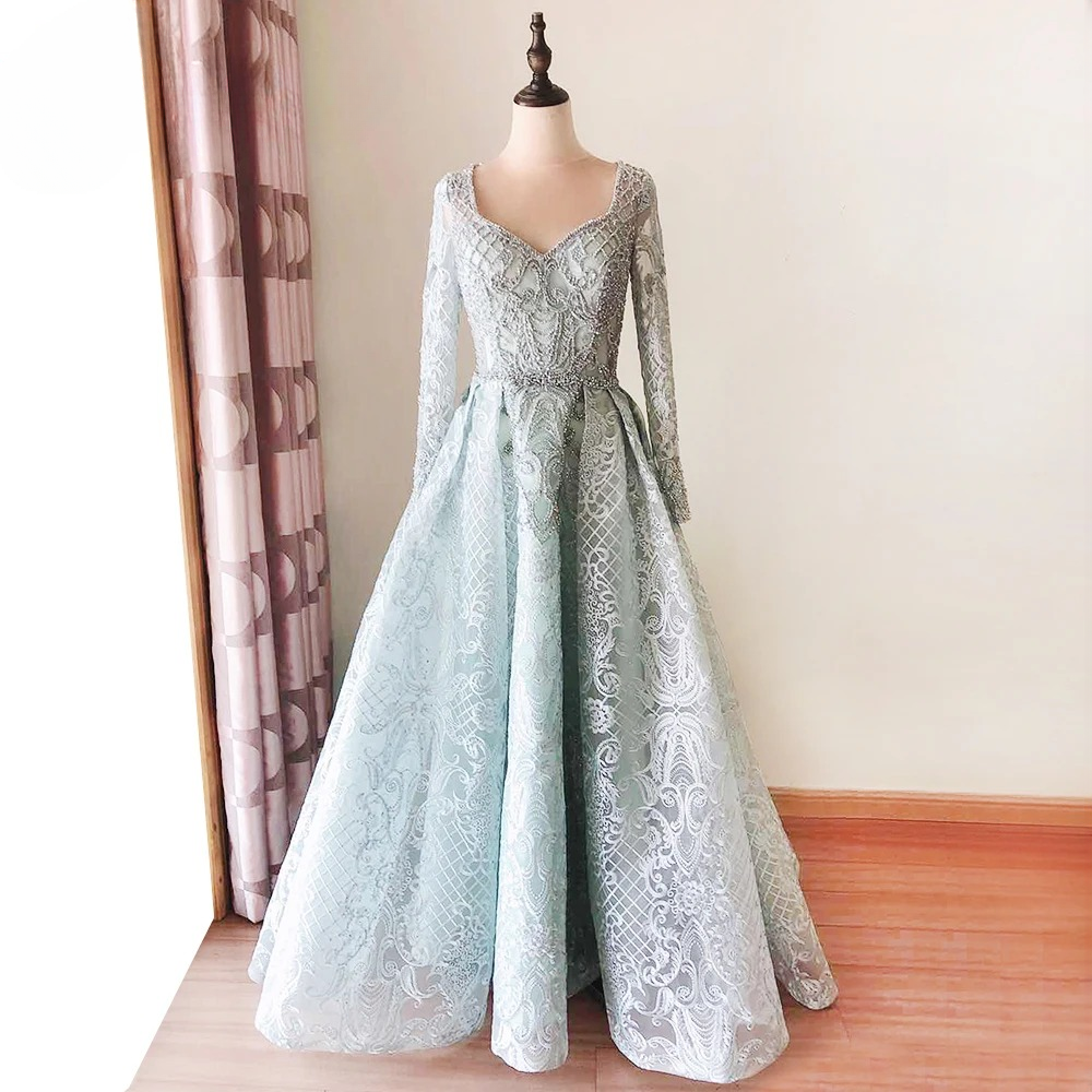 Elegant Aline Round Neck Long Sleeves Lace Evening Party Dress - Image 12