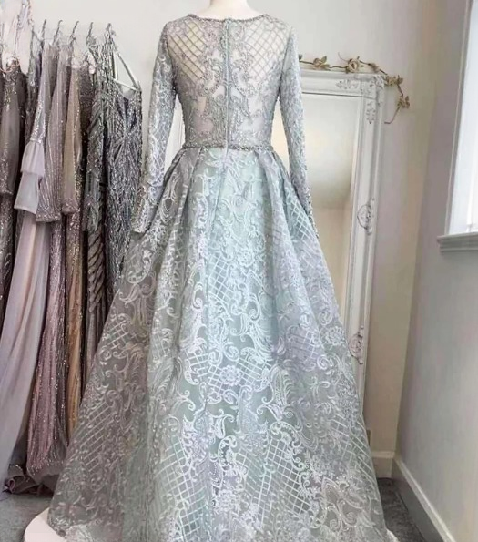 Elegant Aline Round Neck Long Sleeves Lace Evening Party Dress - Image 11