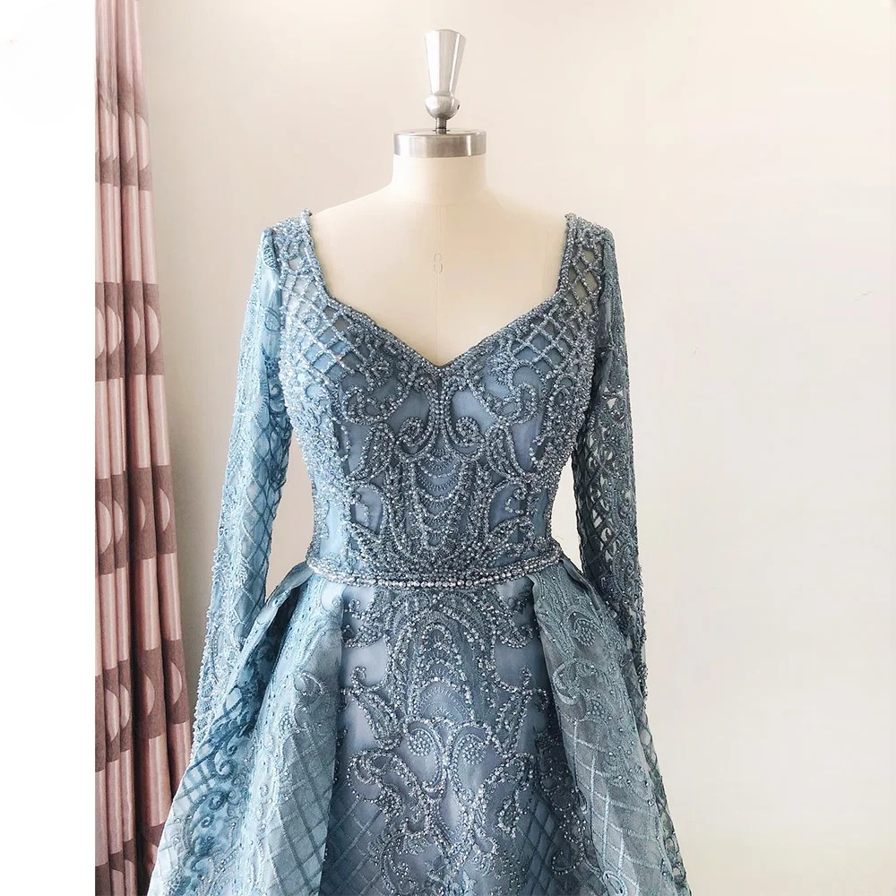 Elegant Aline Round Neck Long Sleeves Lace Evening Party Dress - Image 7