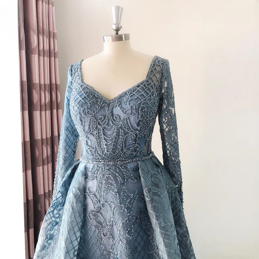 Elegant Aline Round Neck Long Sleeves Lace Evening Party Dress - Image 8