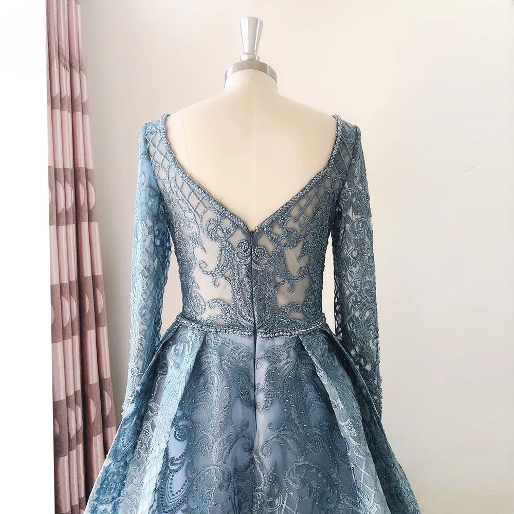 Elegant Aline Round Neck Long Sleeves Lace Evening Party Dress - Image 9