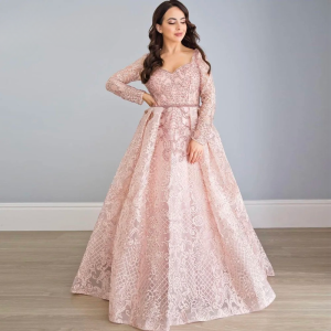 Elegant Aline Round Neck Long Sleeves Lace Evening Party Dress