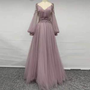 Elegant Beading Lace Long Lantern Sleeves Evening Party Dress