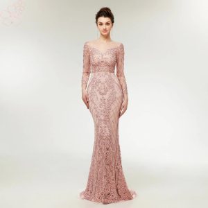 Elegant Beading Pearls Long Sleeves Mermaid Evening Prom Party Dress
