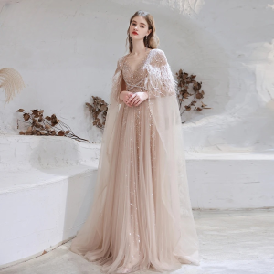 Elegant Beads Detachable Train Feathers Shawl A-Line Evening Party Dress