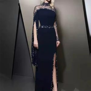 Elegant Beads High Neck Floor-Length Evening Party Dress