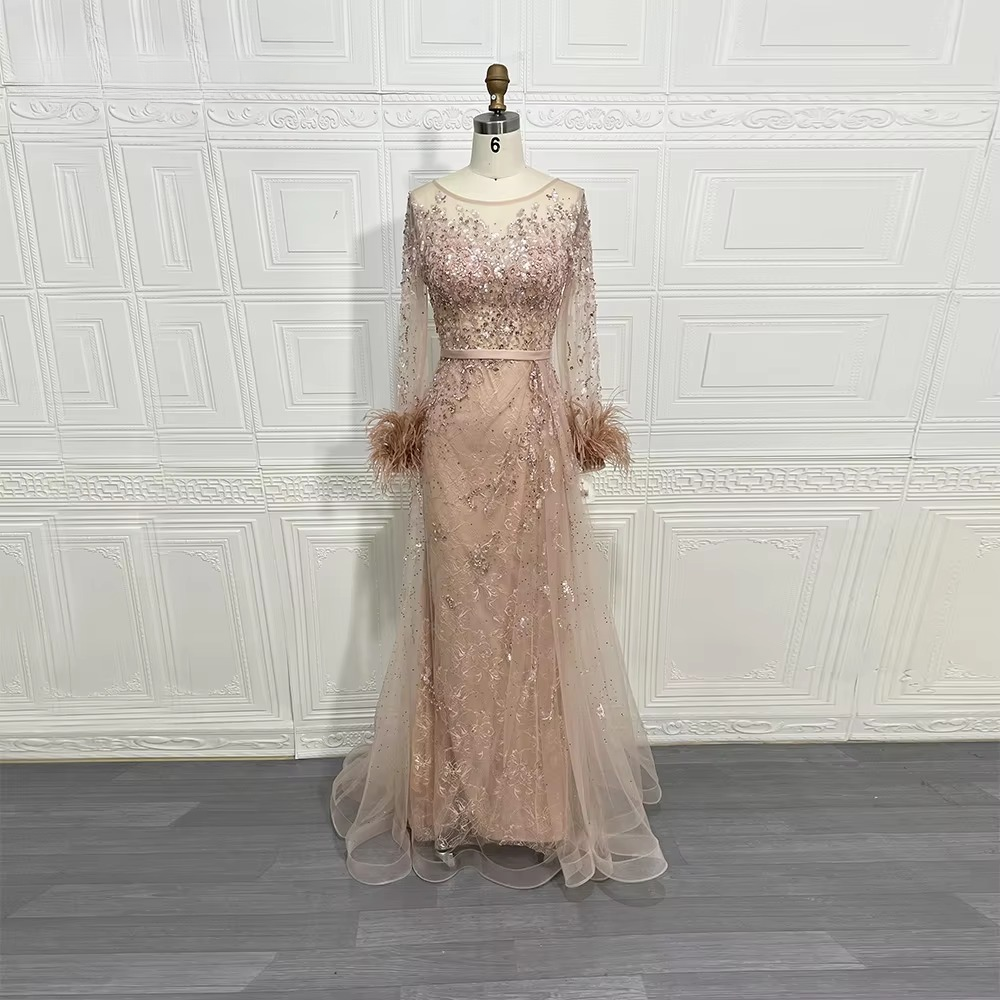 Elegant Beads Sequin Lace Feather Evening Party Dress - Image 14