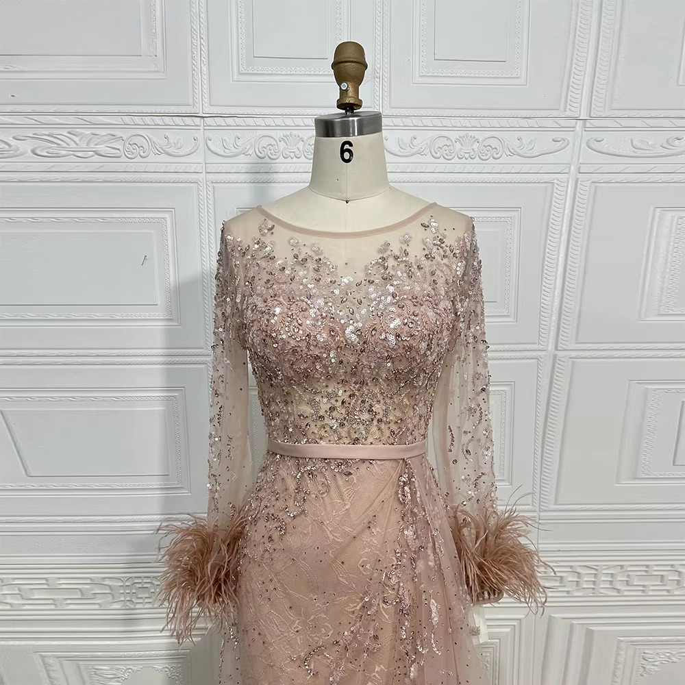 Elegant Beads Sequin Lace Feather Evening Party Dress - Image 15