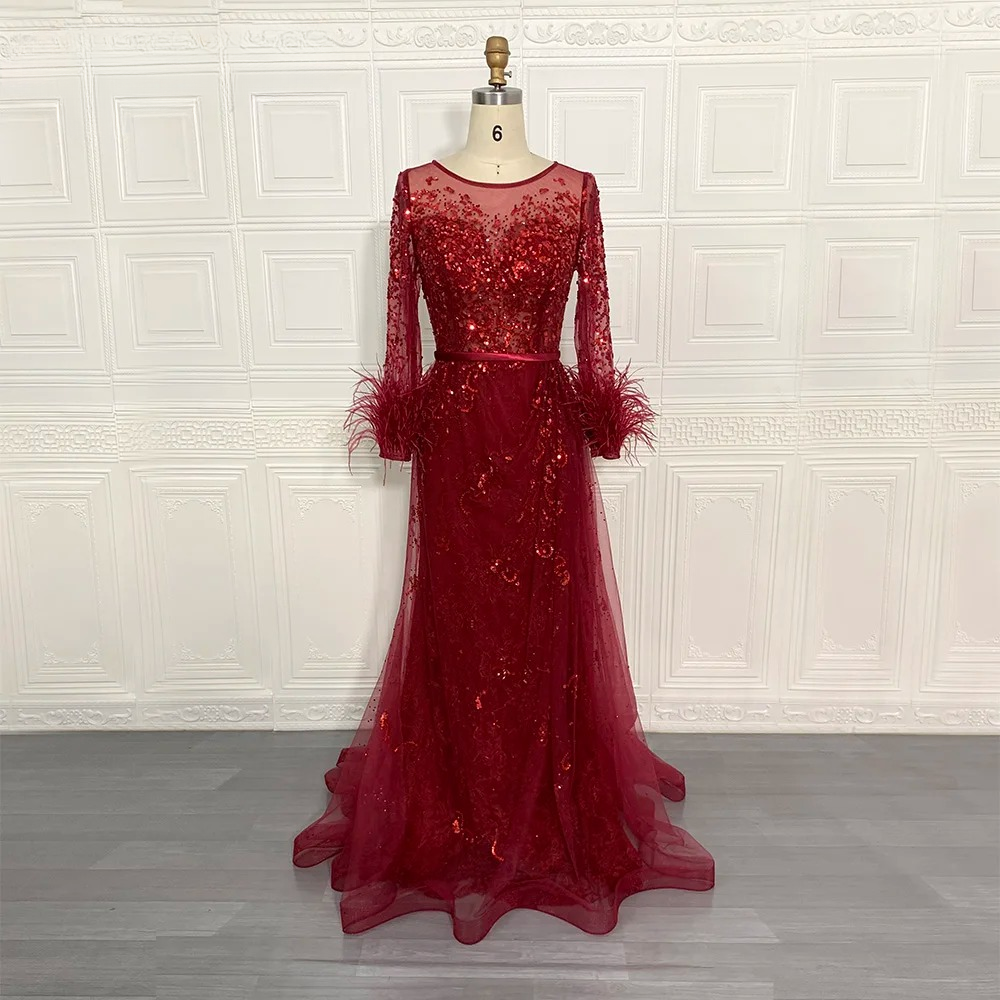 Elegant Beads Sequin Lace Feather Evening Party Dress - Image 2