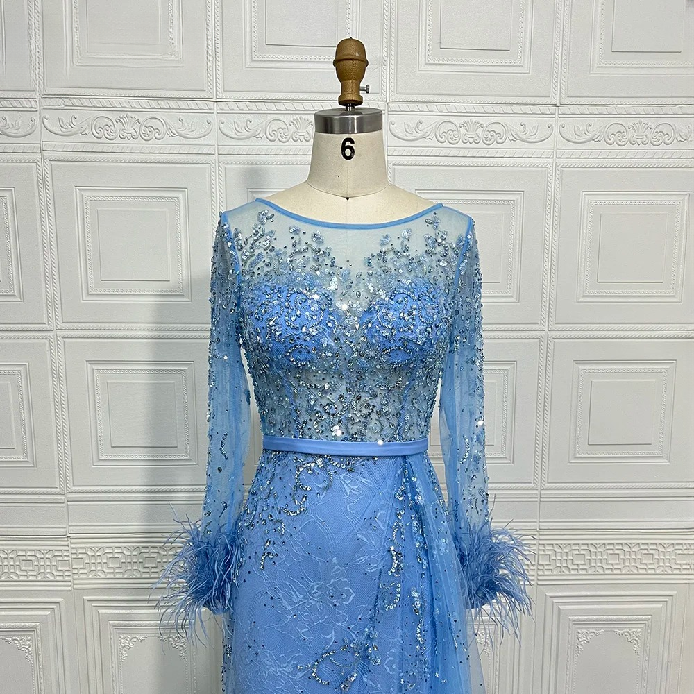 Elegant Beads Sequin Lace Feather Evening Party Dress - Image 9